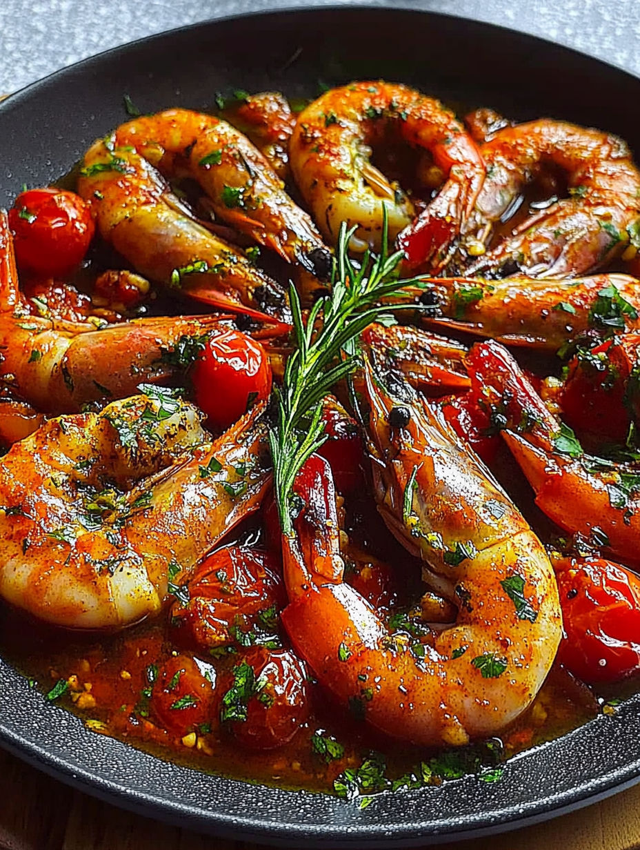 A close up of a plate of shrimp with tomatoes and herbs.