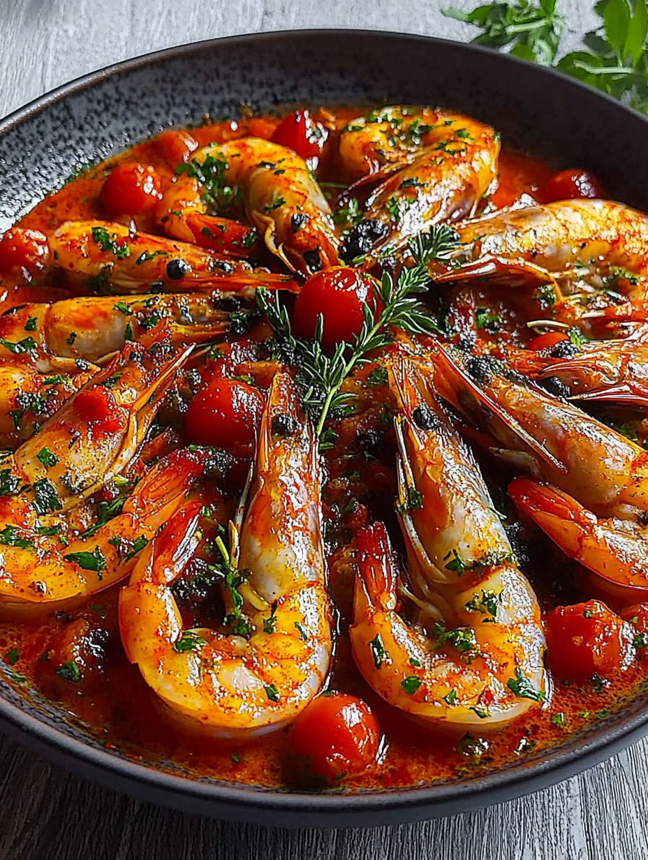 A bowl of shrimp with tomatoes and herbs.