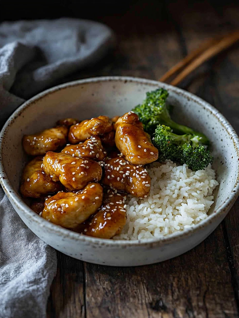 A bowl of chicken and broccoli with rice.