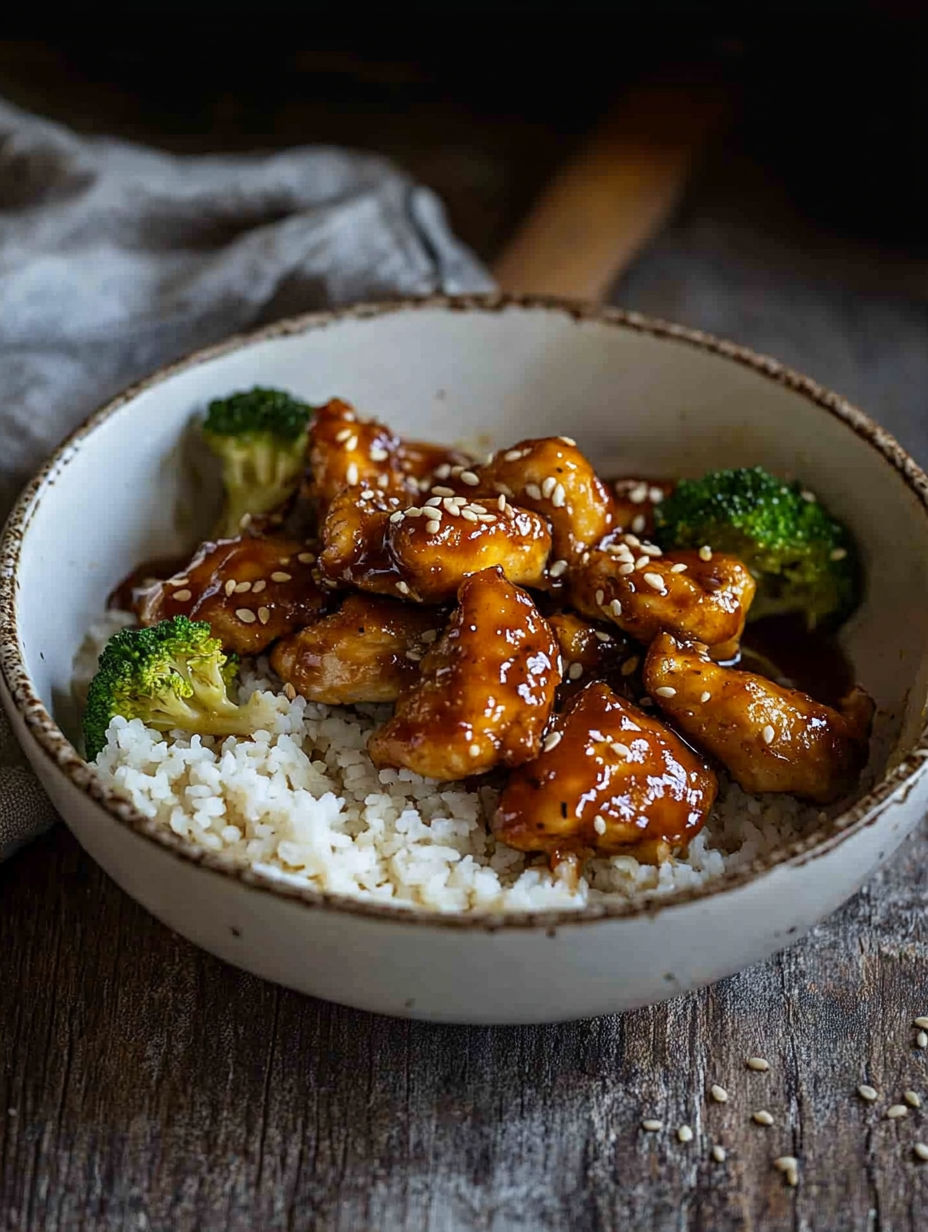 A bowl of chicken with rice and broccoli.