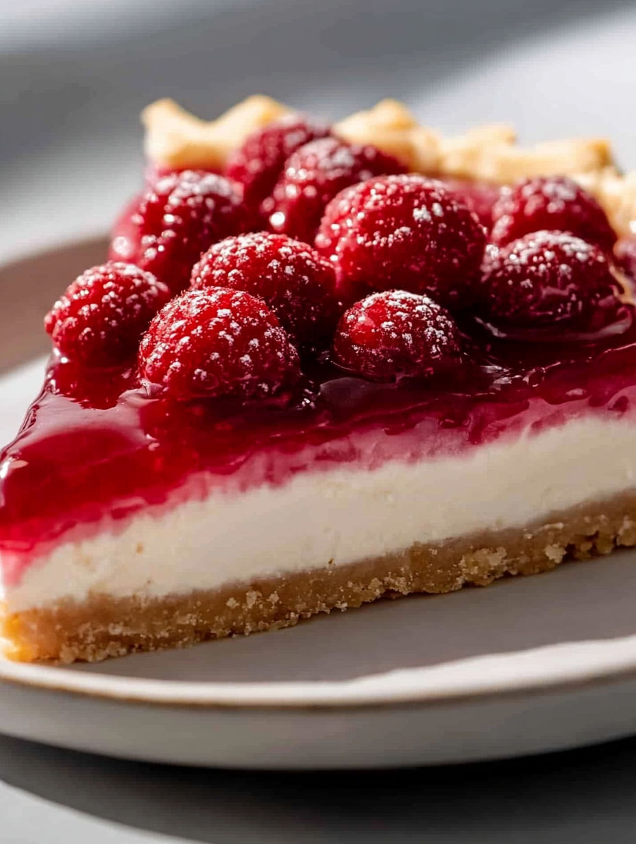 A slice of pie with raspberries on top.