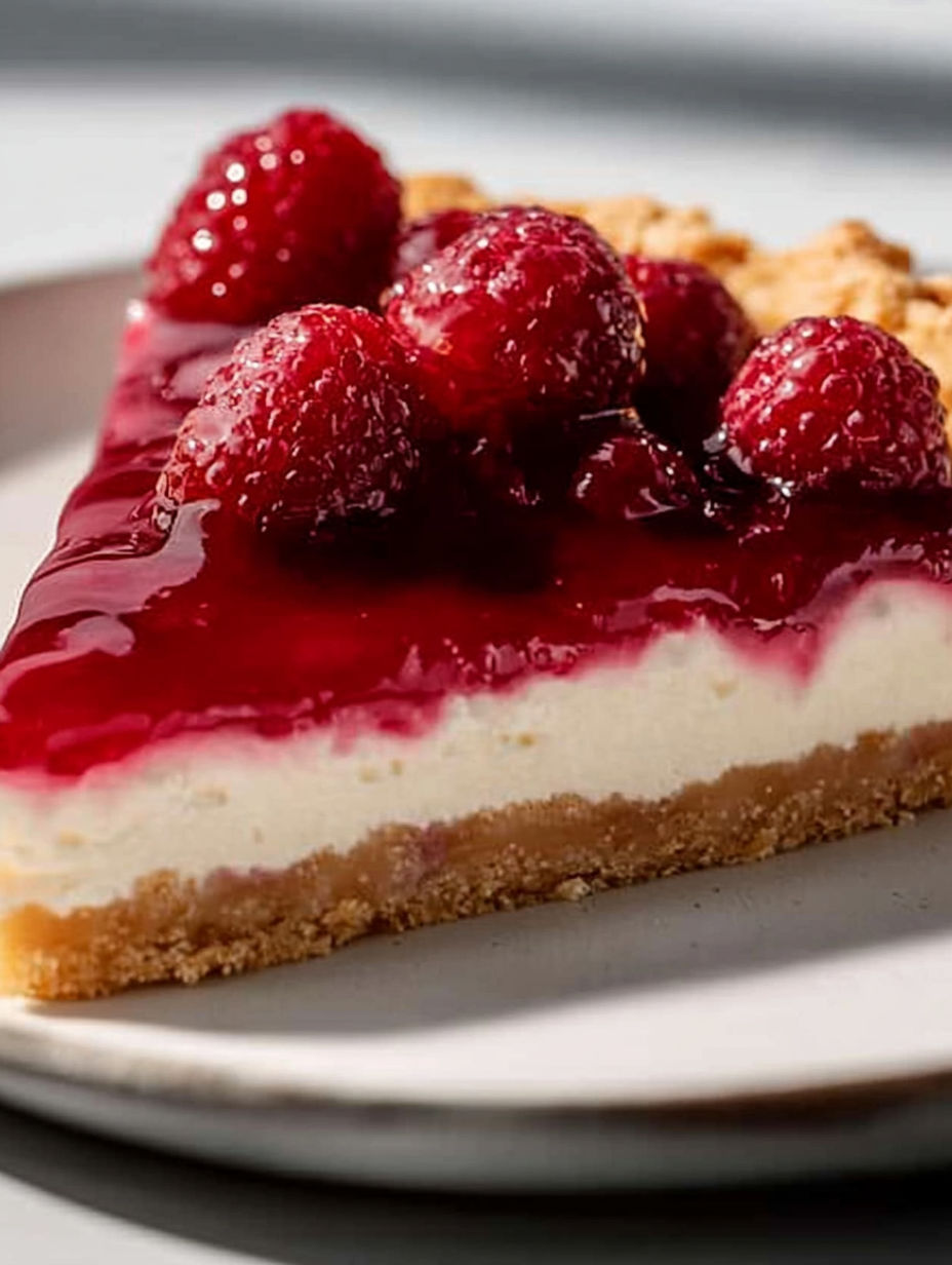 A slice of cheesecake with raspberries on top.