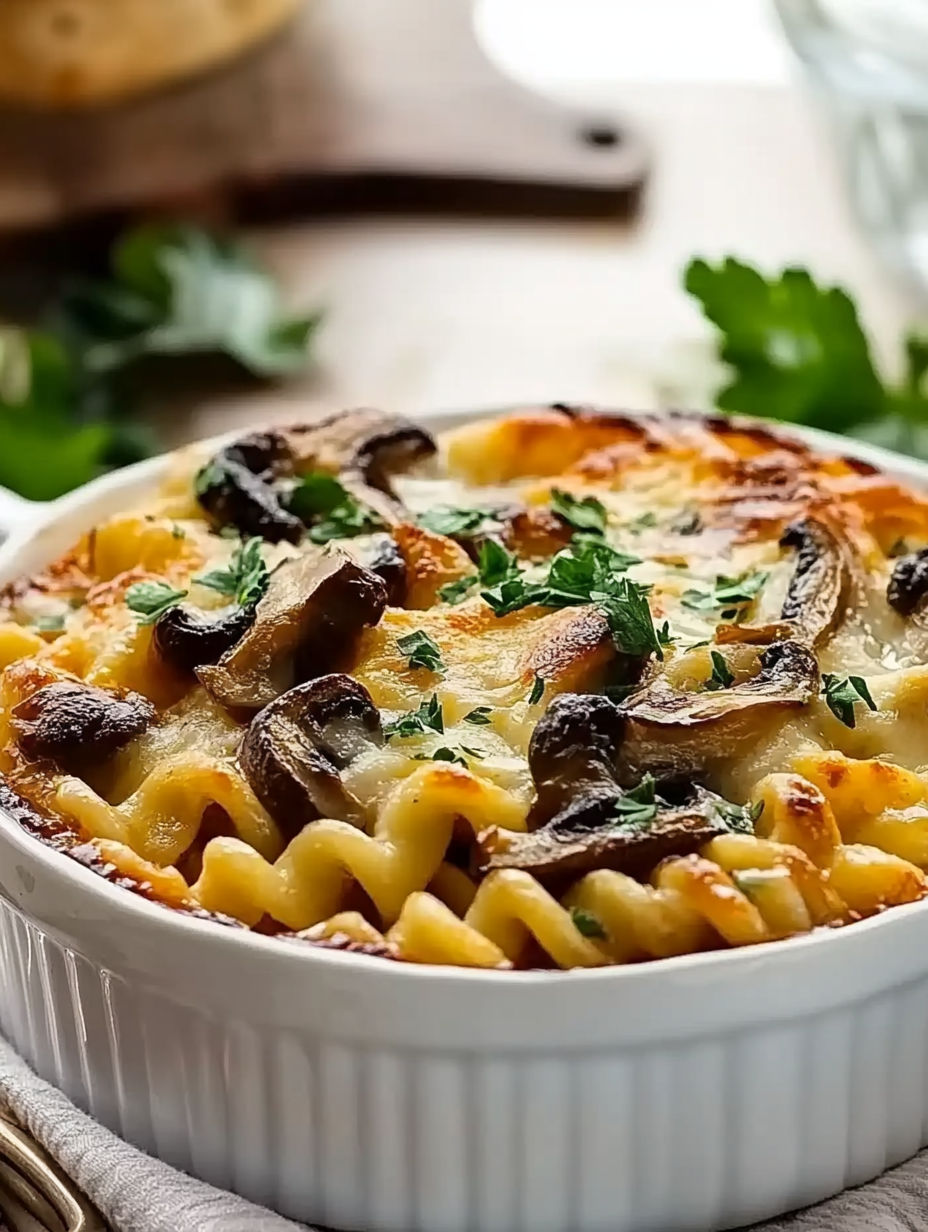 A bowl of pasta with mushrooms and herbs.