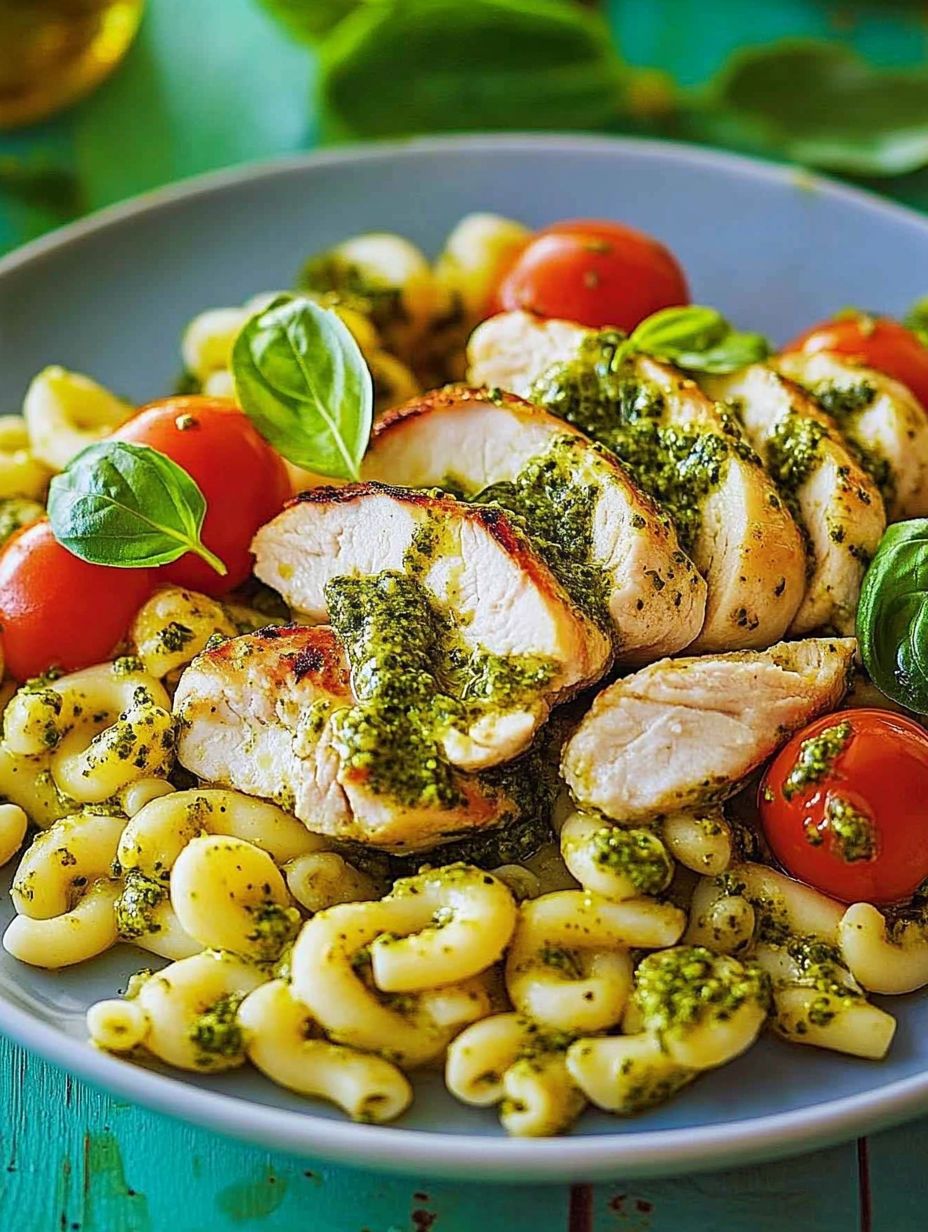 A plate of food with chicken, tomatoes, and pasta.