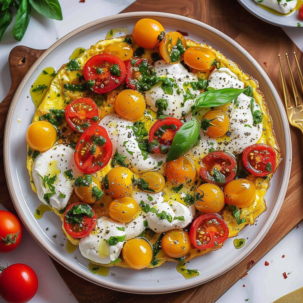 A plate of food with tomatoes, mozzarella, and pesto.