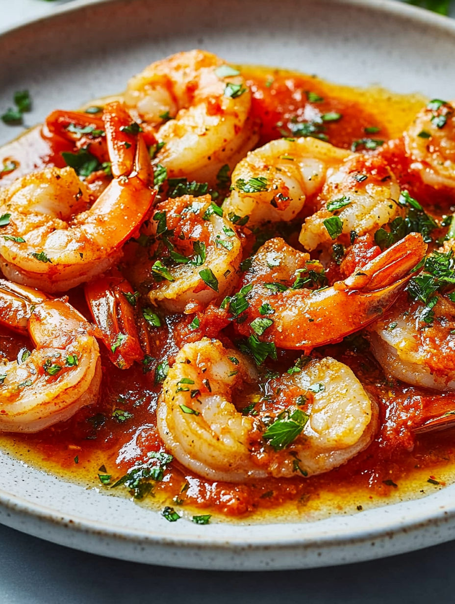 A plate of shrimp with a red sauce.