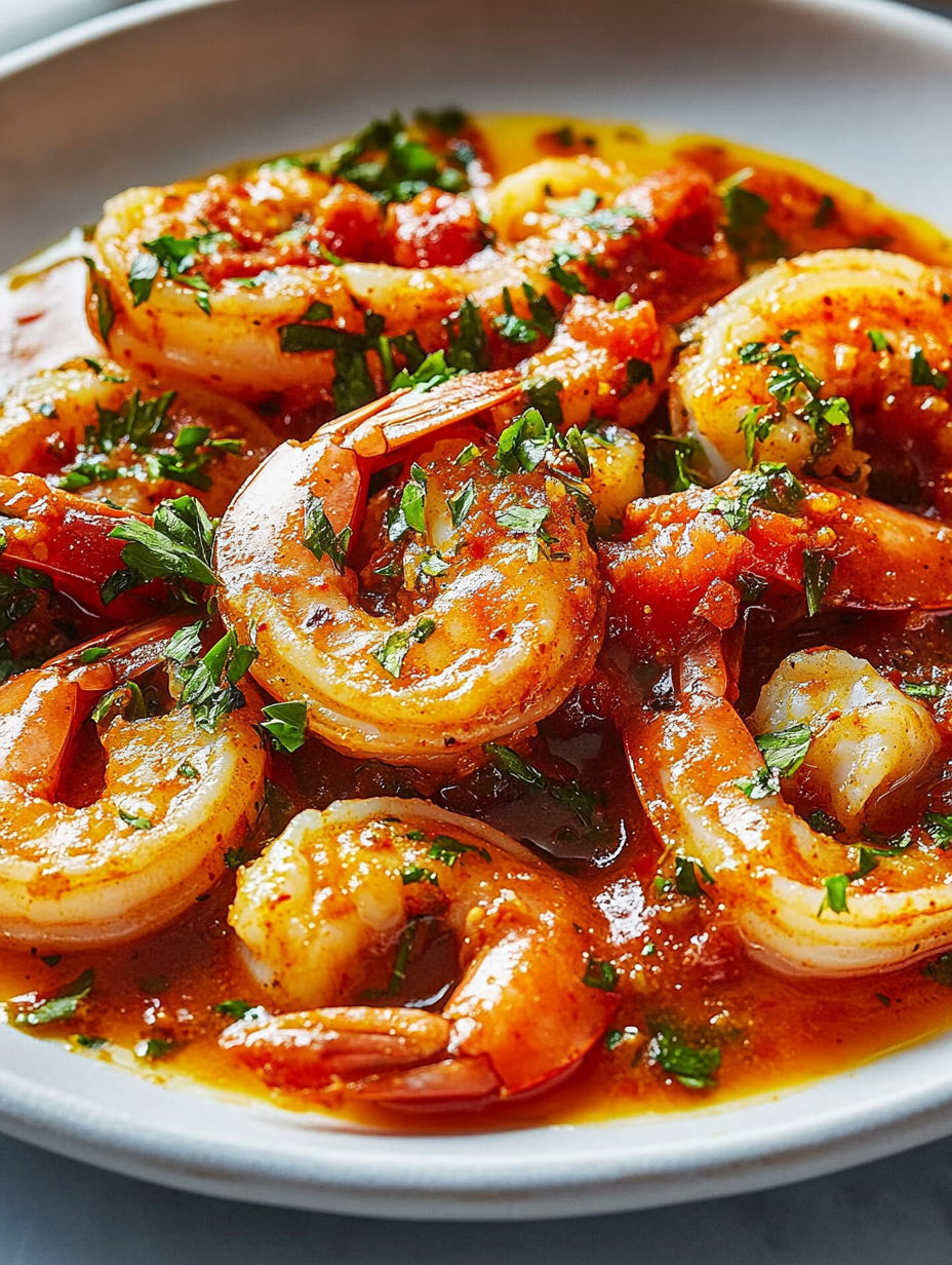 A plate of shrimp with a red sauce.