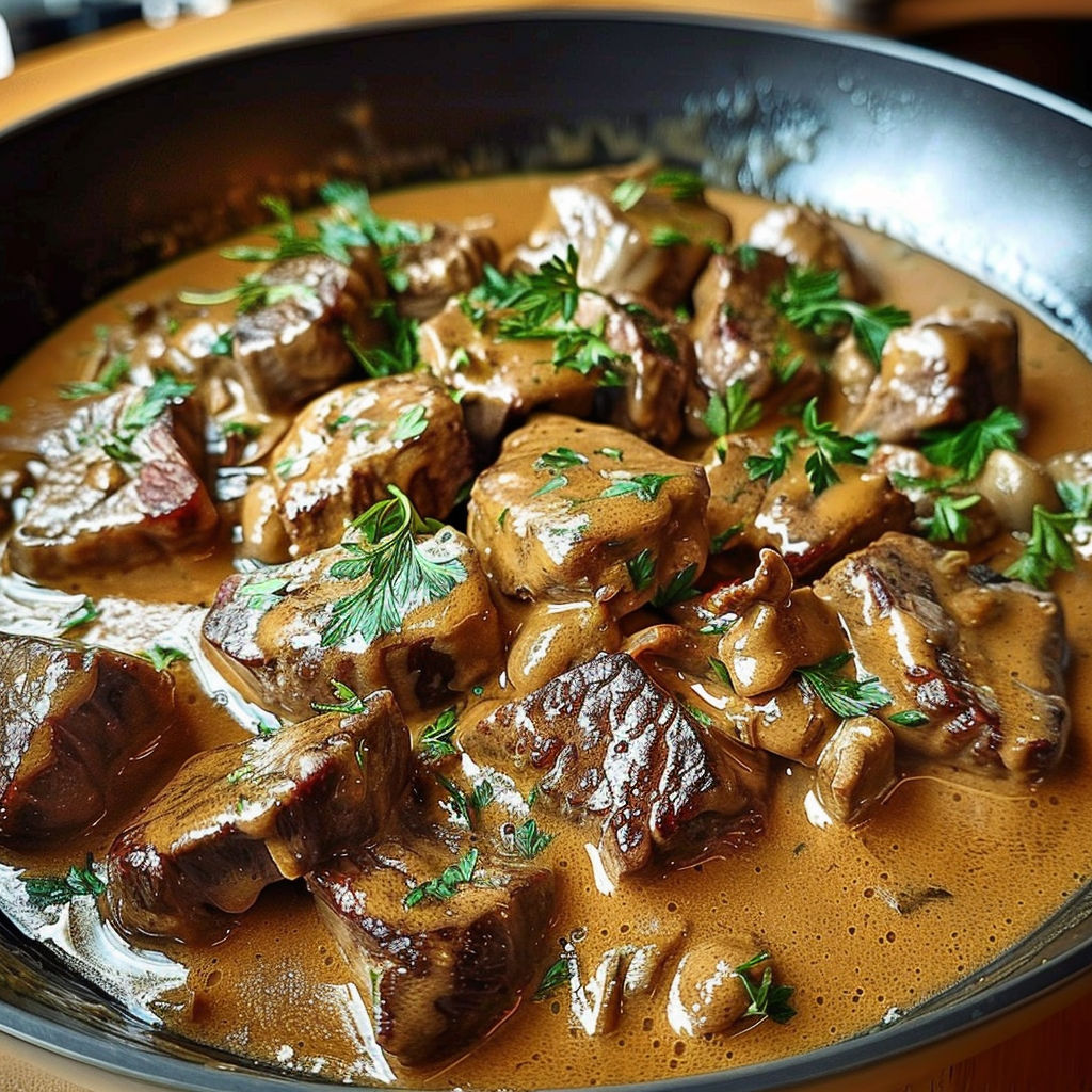 A bowl of beef stroganoff.