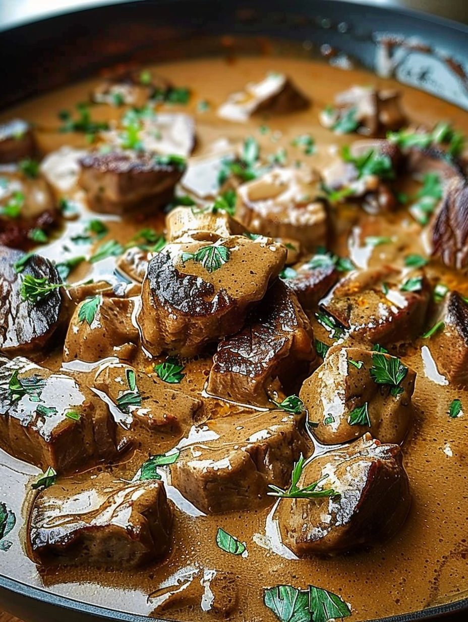 A dish of beef stroganoff.