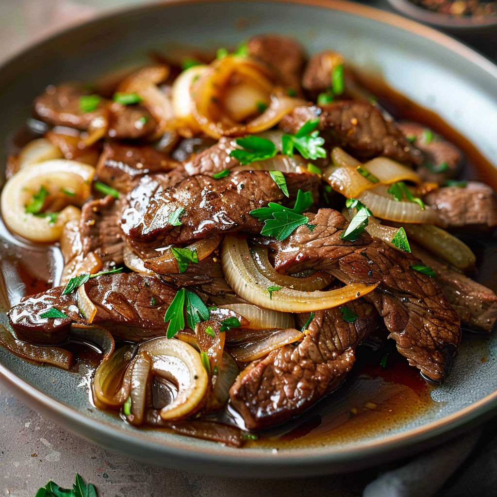A bowl of beef and onions.
