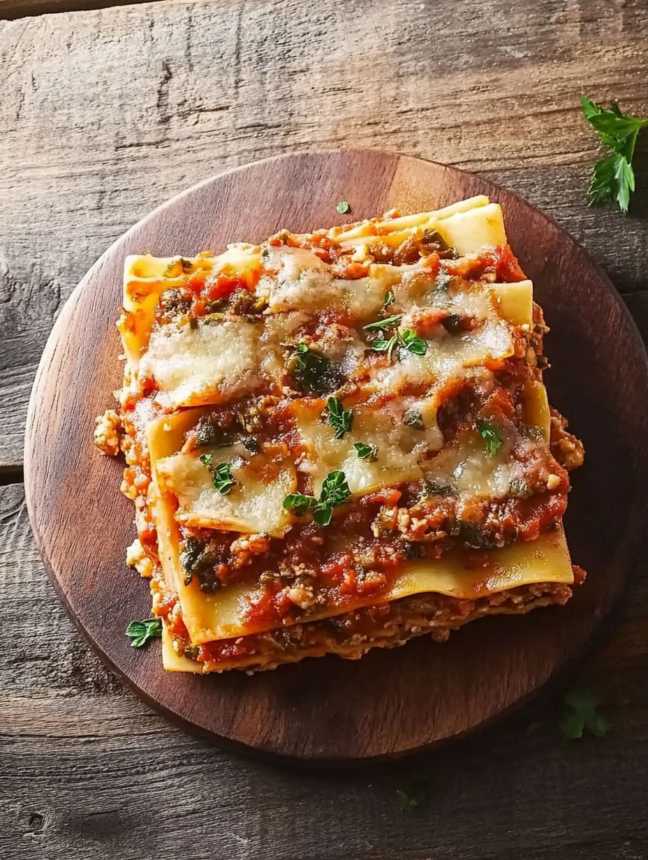 A lasagna dish on a wooden cutting board.