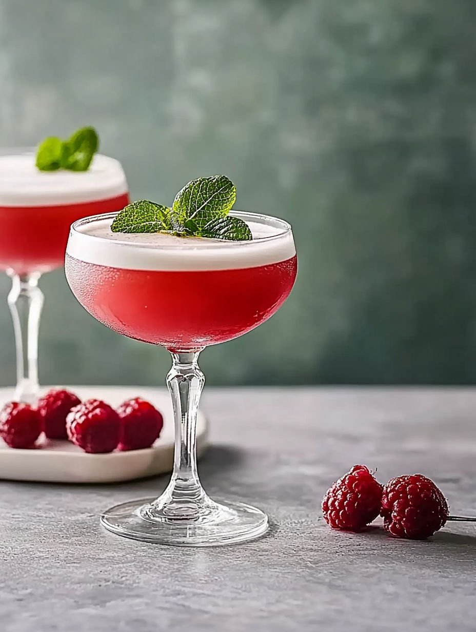 Two glasses of red wine with mint leaves.