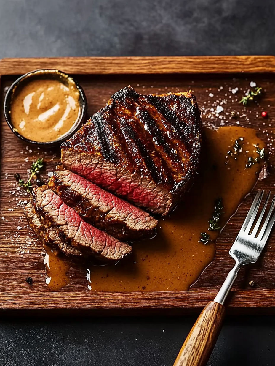 A piece of steak on a wooden cutting board with a sauce.
