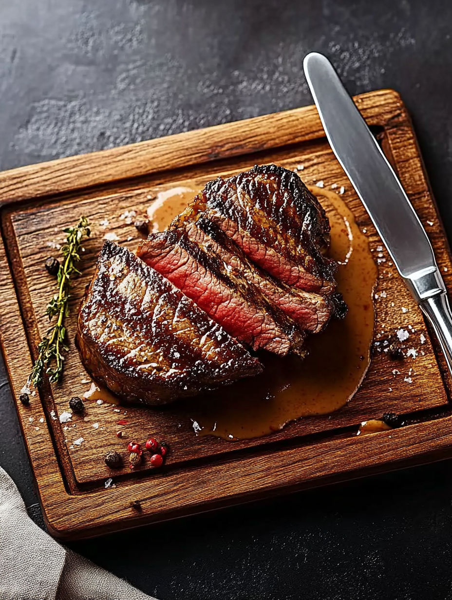 A piece of meat on a wooden board.