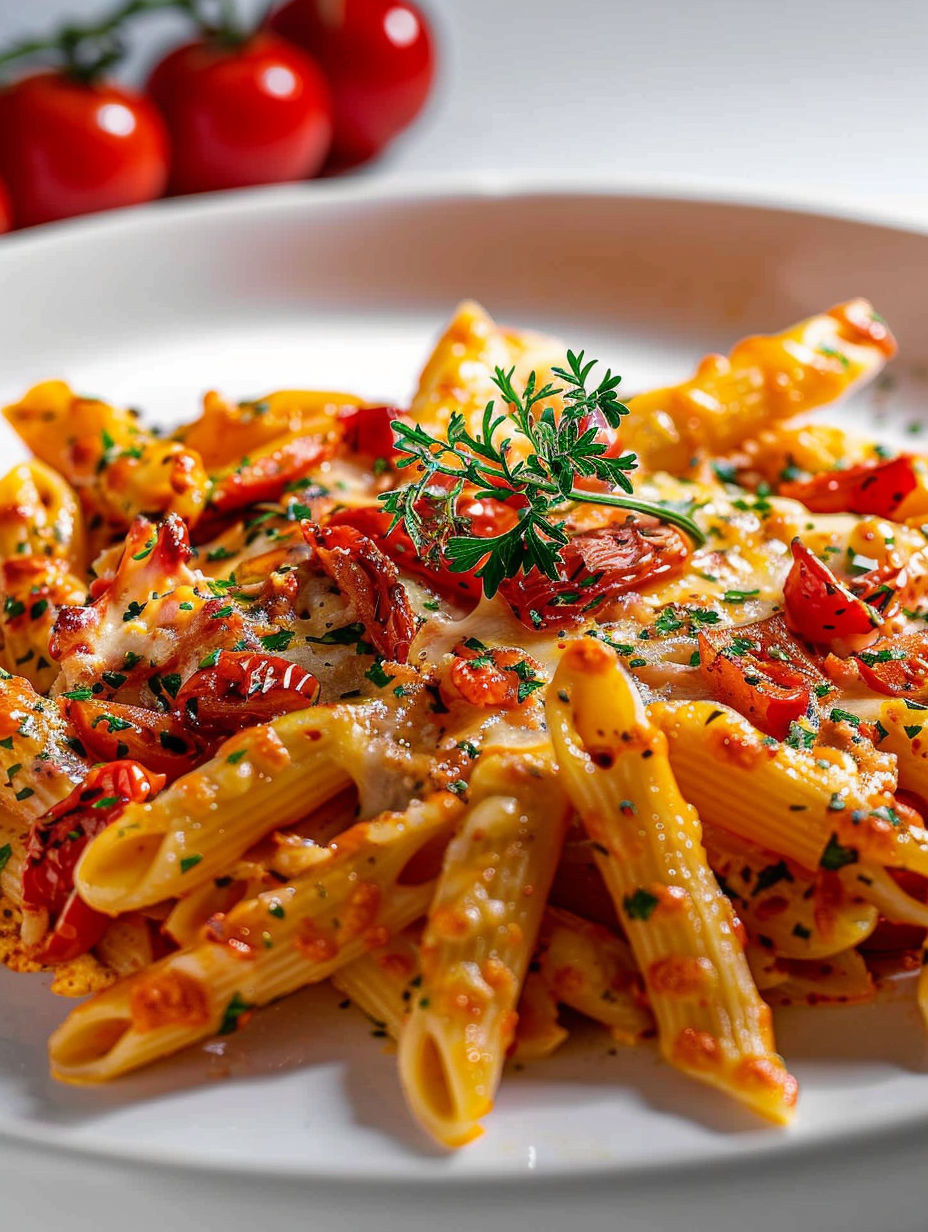 A plate of pasta with tomatoes and cheese.