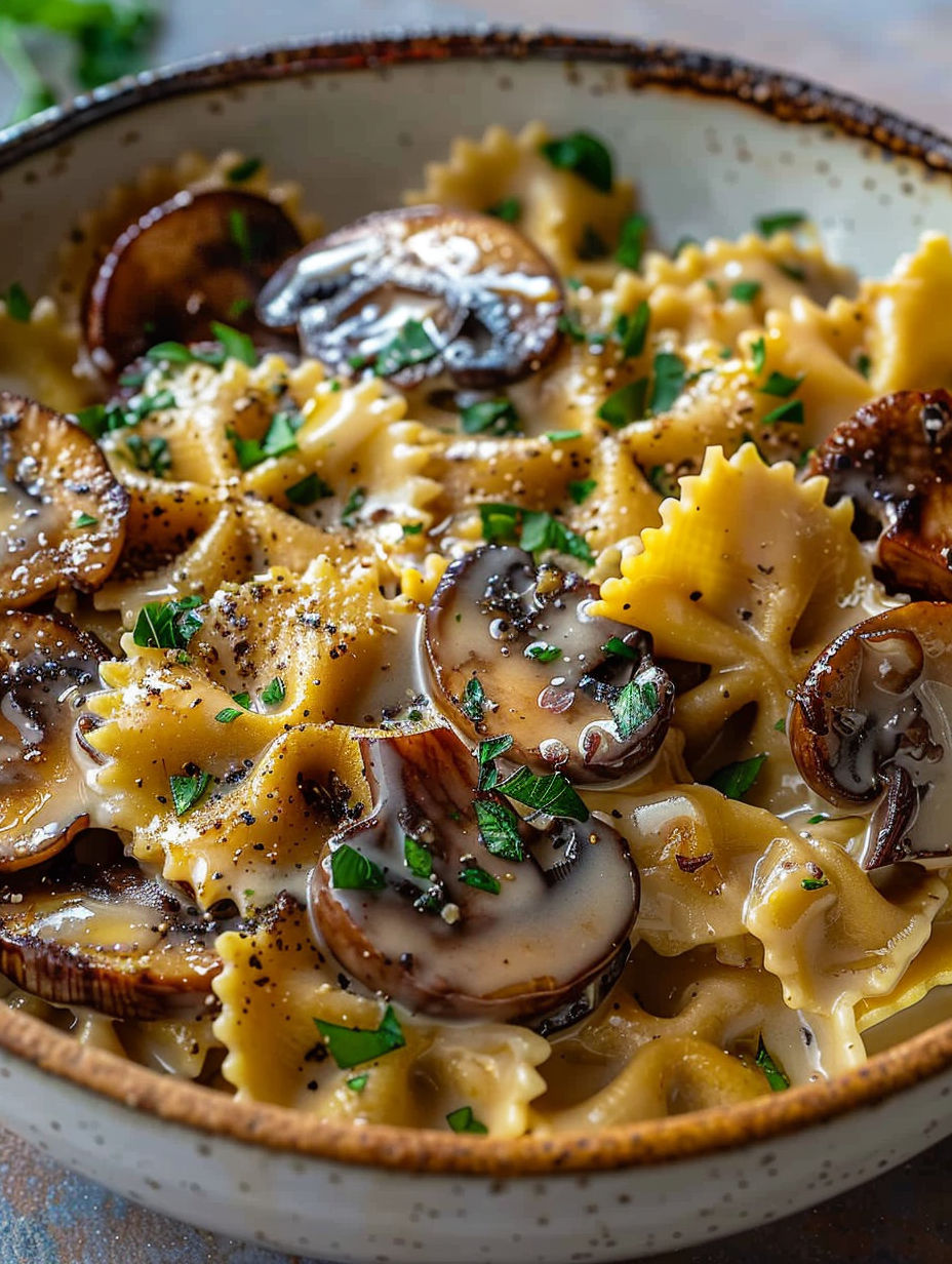 A bowl of pasta with mushrooms and herbs.