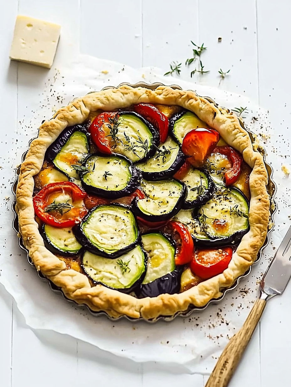A vegetable pie with a variety of vegetables including zucchini, tomatoes, and basil.