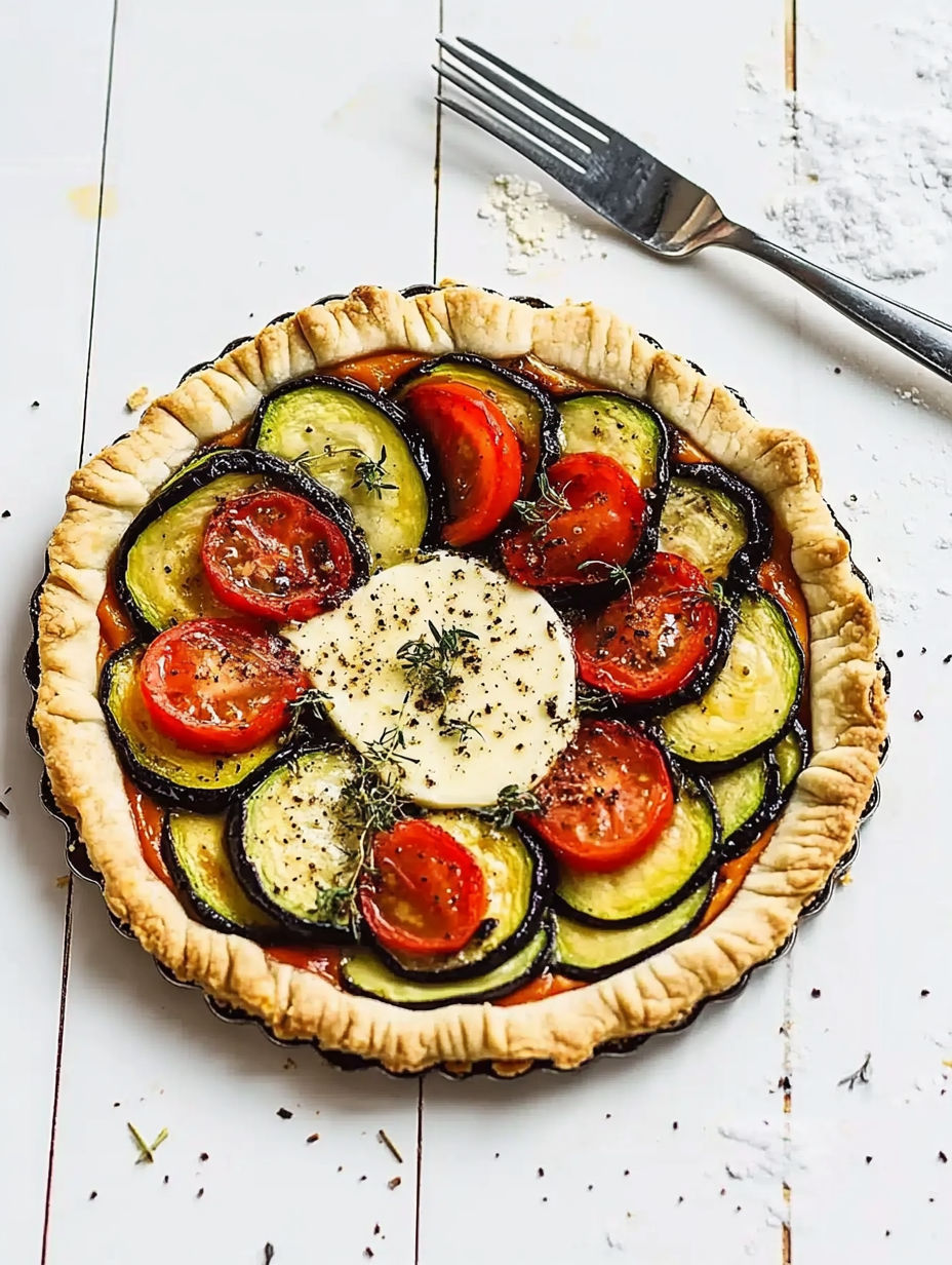 A vegetable pie with a variety of vegetables and cheese.