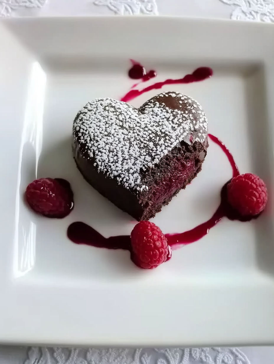 A heart shaped chocolate cake with white powdered sugar on top.