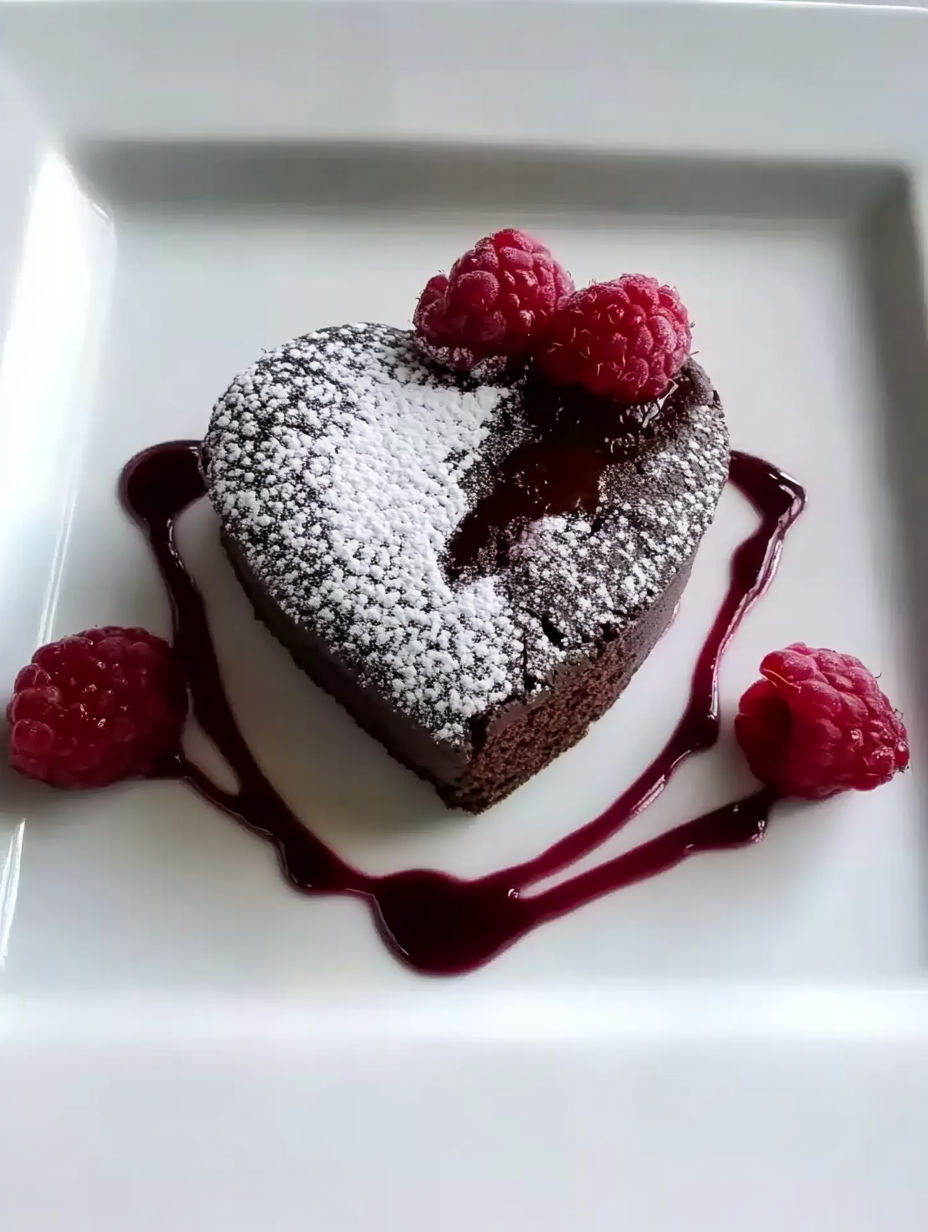 A heart shaped chocolate cake with raspberries on top.