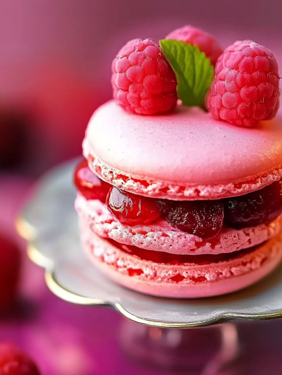A slice of pink cake with raspberries on top.