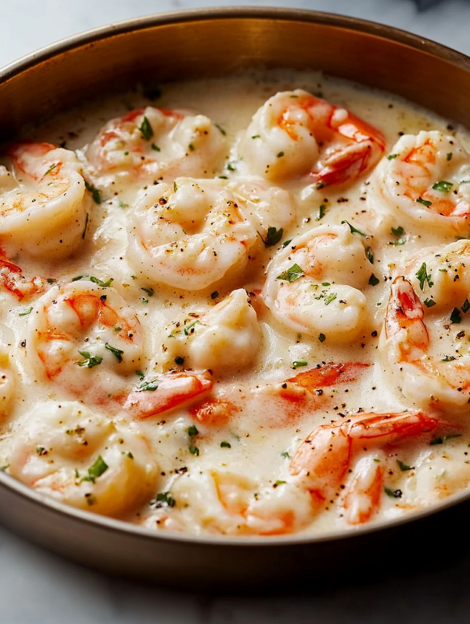 A bowl of shrimp and cream sauce.