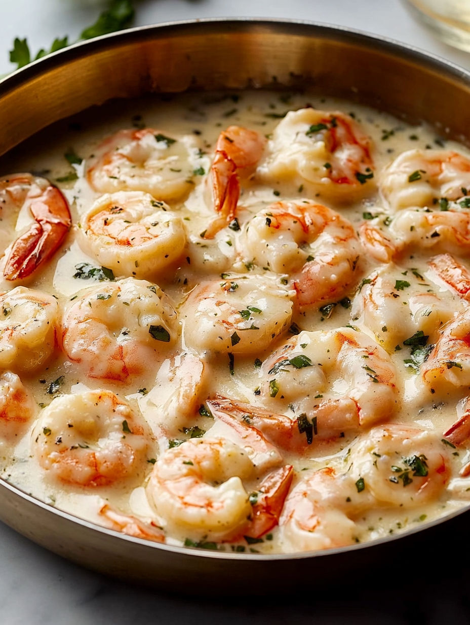 A pan of shrimp and sauce.