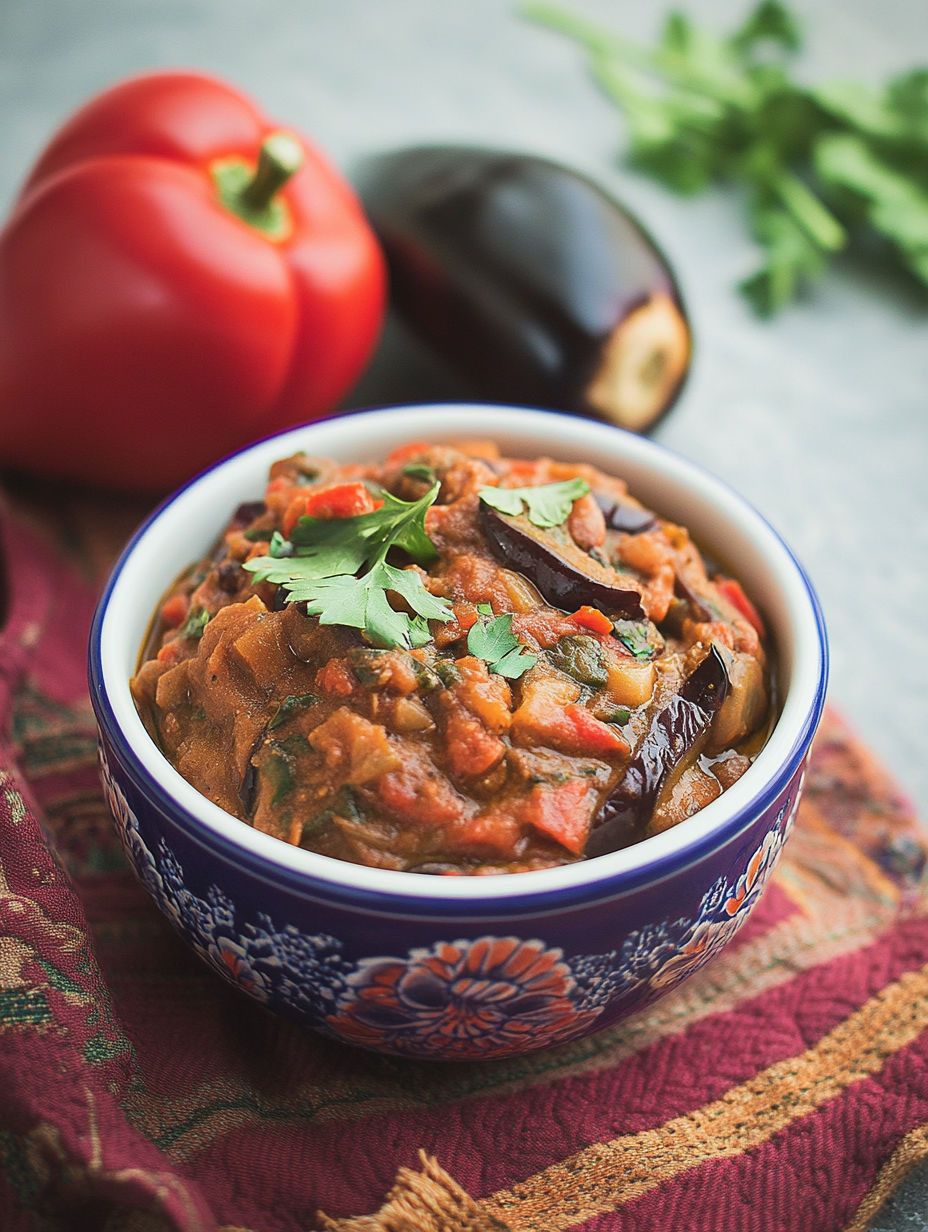 A bowl of soup with a red pepper and a black bean.