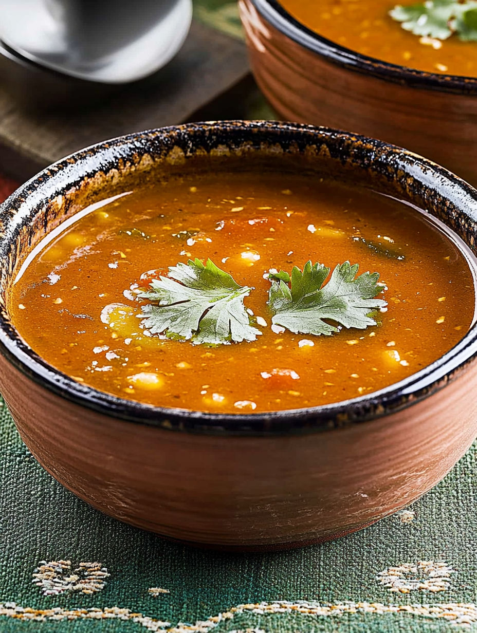 A bowl of soup with a spoon in it.