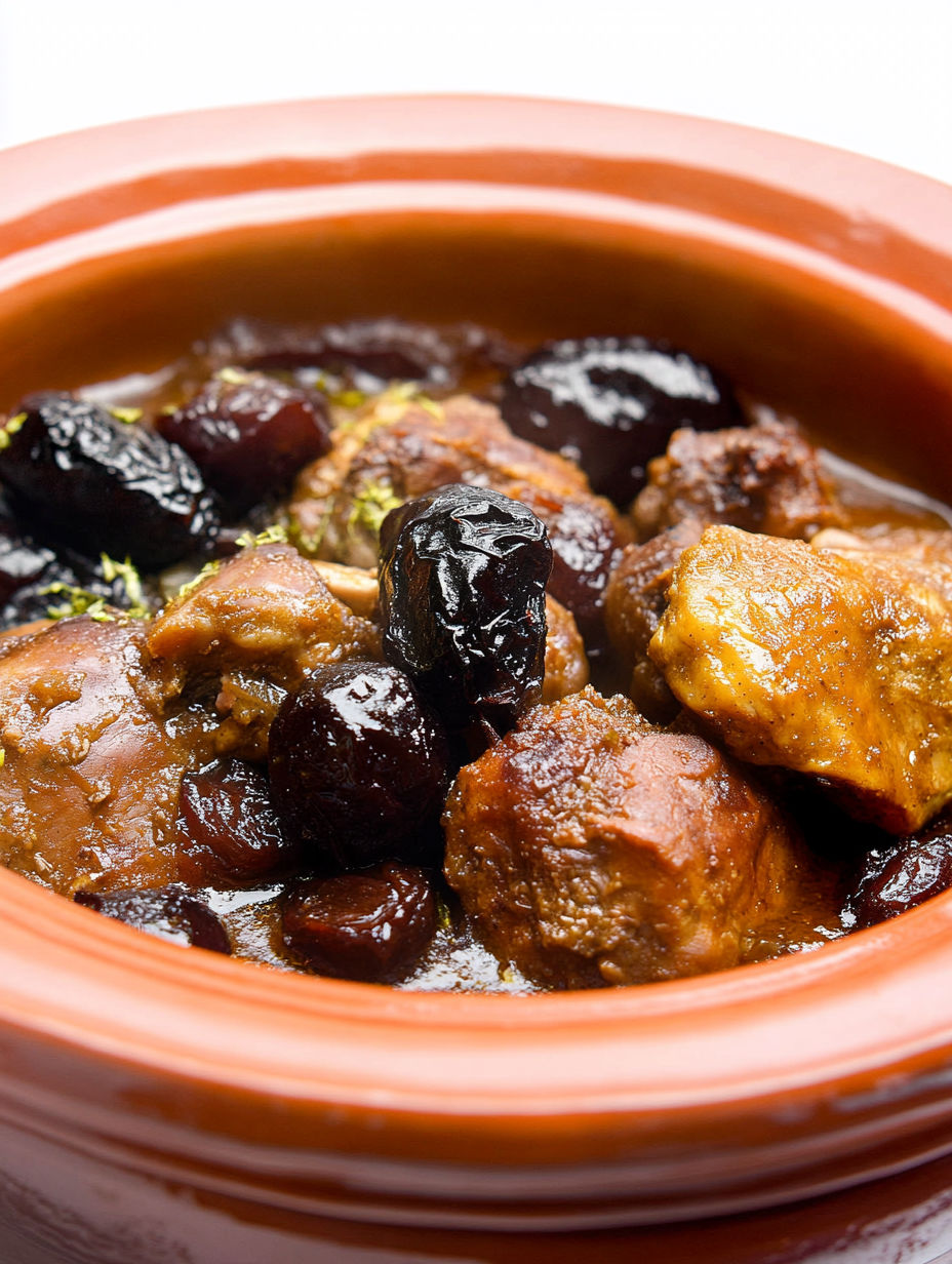 A bowl of food with meat and fruit.