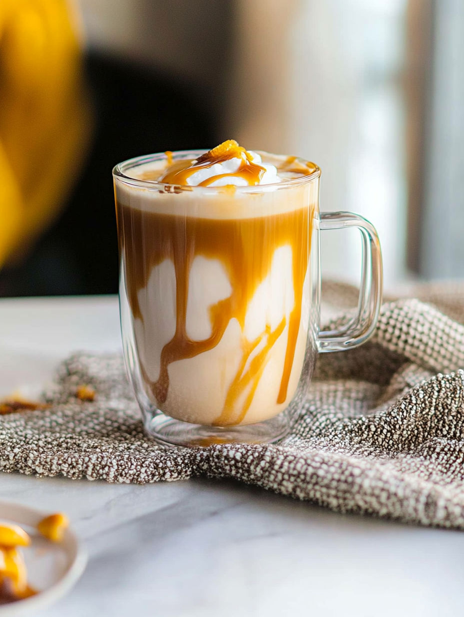 A cup of coffee with a caramel sauce drizzle.