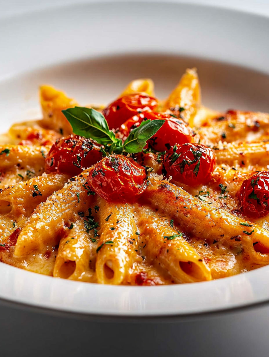 A plate of pasta with tomatoes and basil.