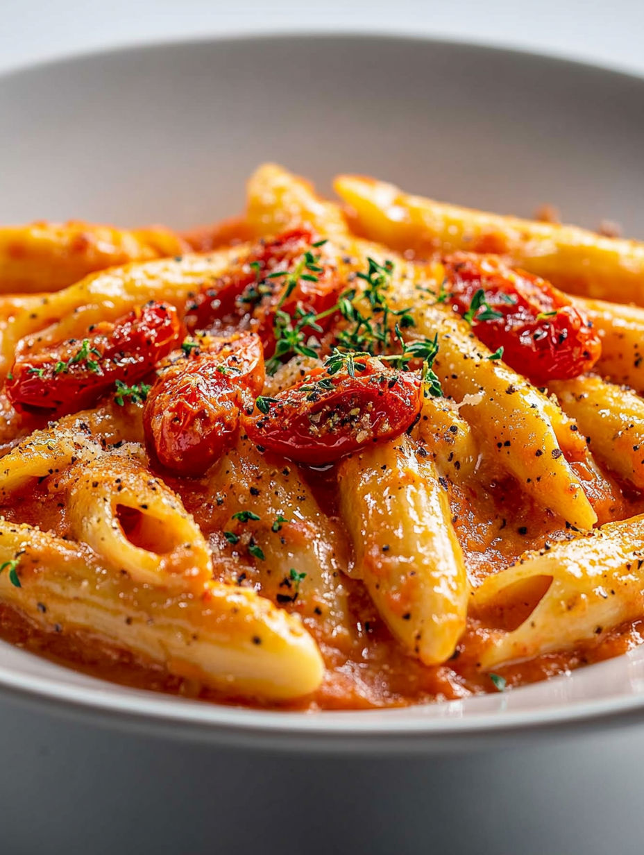 A plate of pasta with tomatoes and basil.