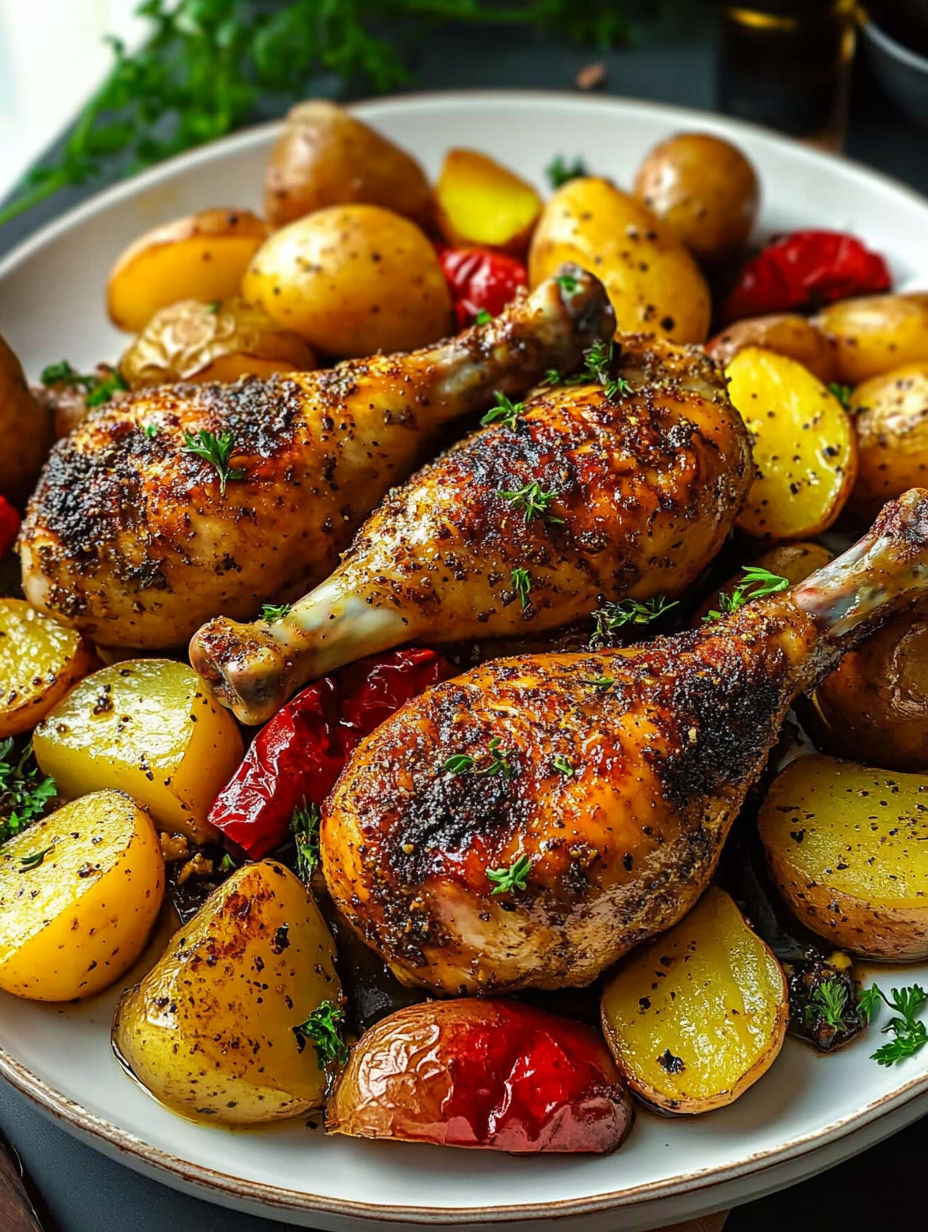 A plate of food with chicken and potatoes.