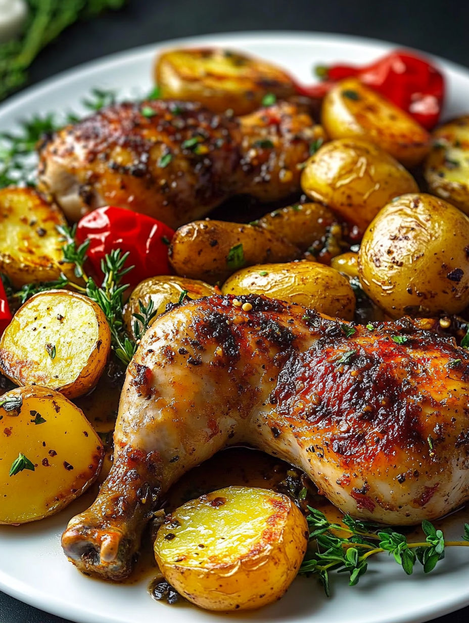 A plate of food with chicken and potatoes.