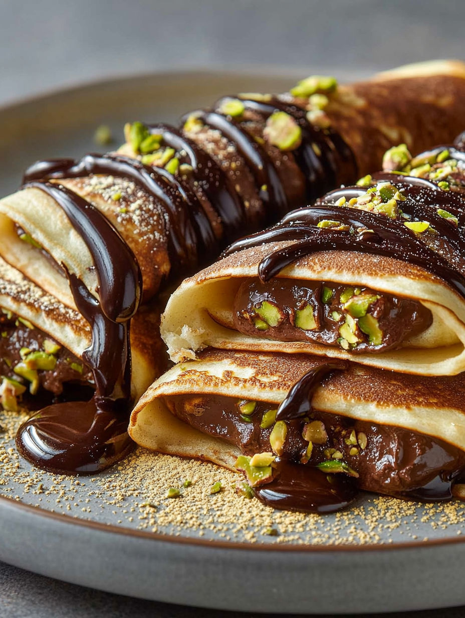 A plate of chocolate covered crepes.