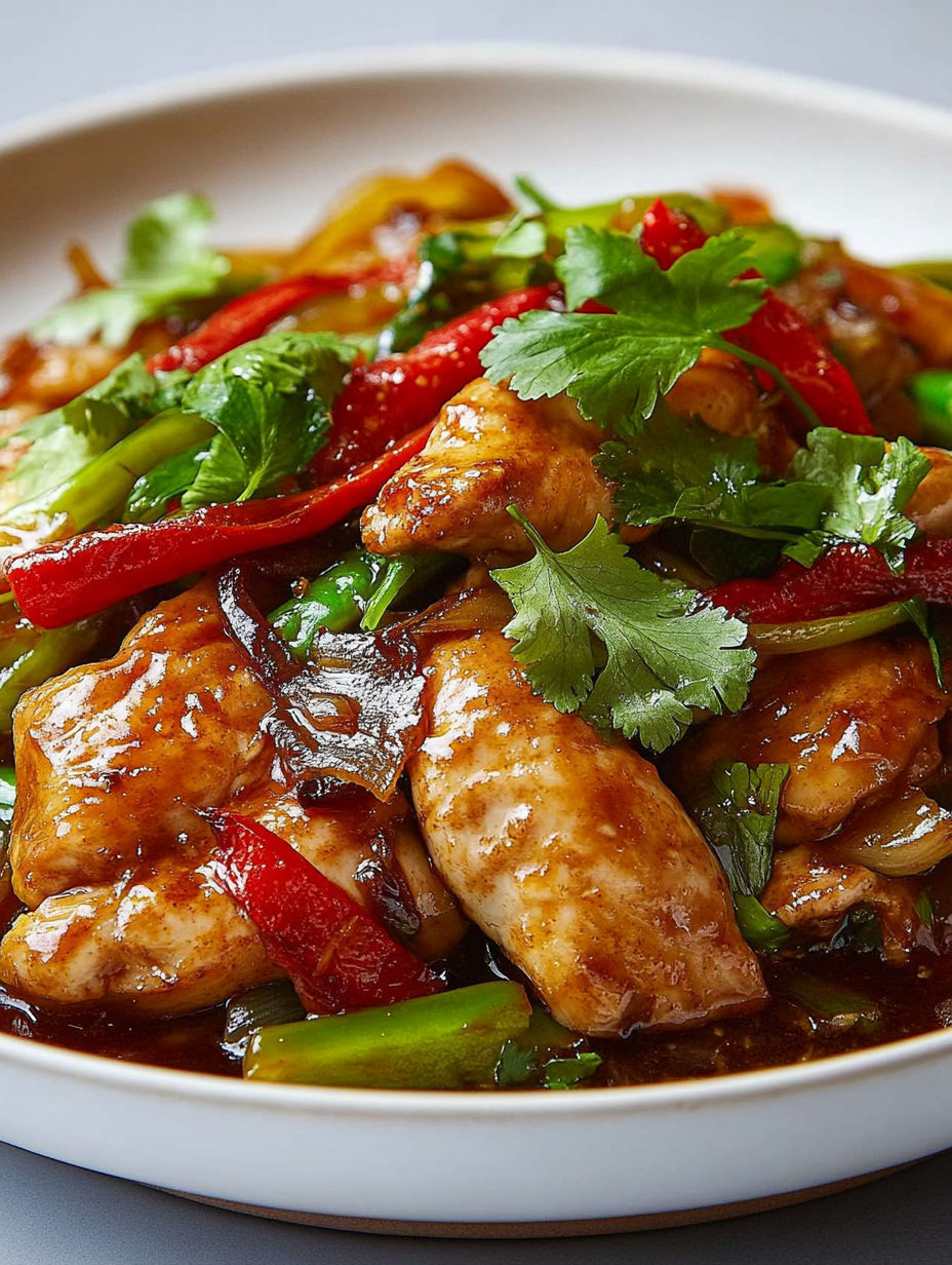 A plate of food with chicken, peppers, and onions.