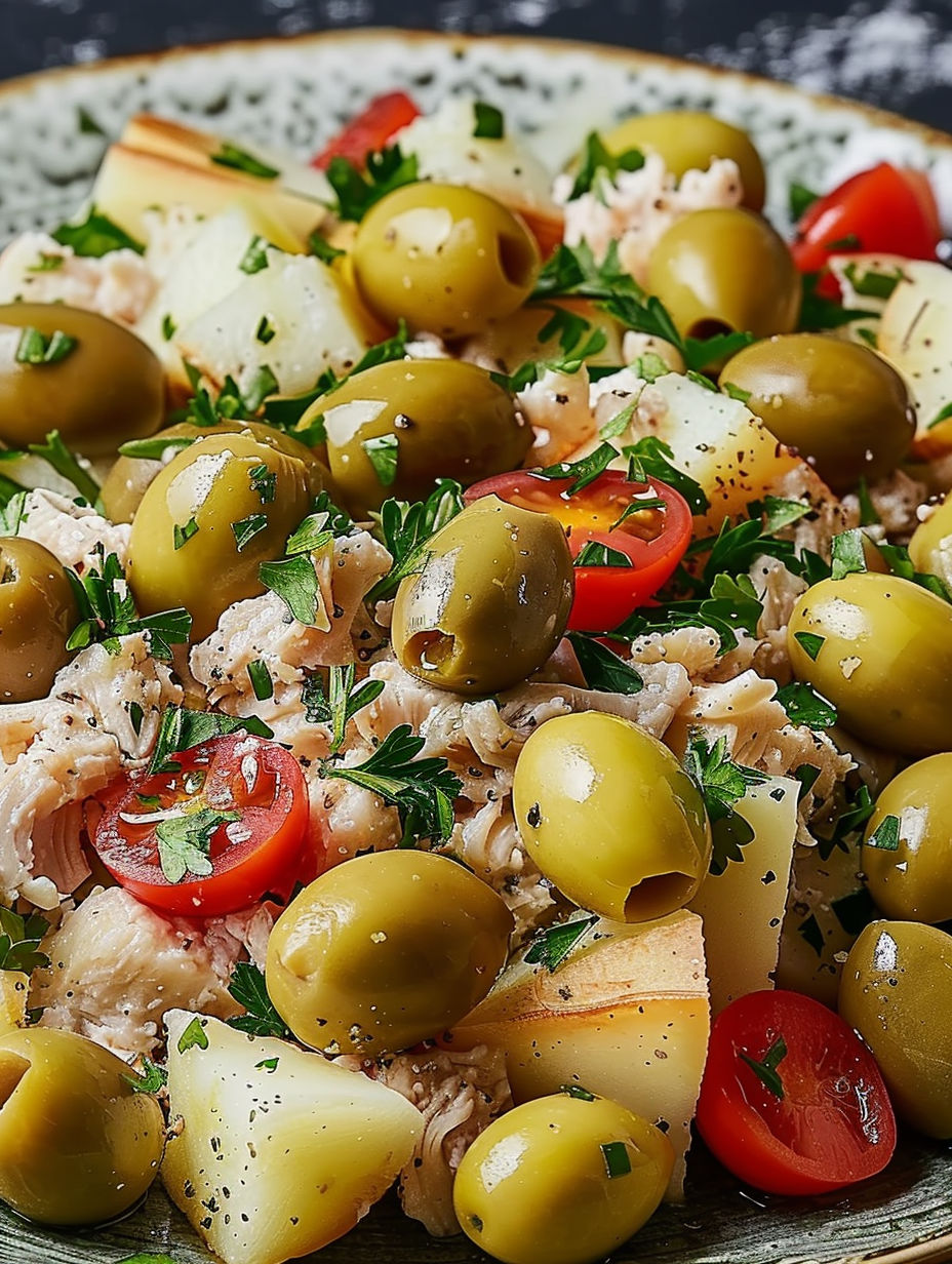 A plate of food with olives, tomatoes, and chicken.