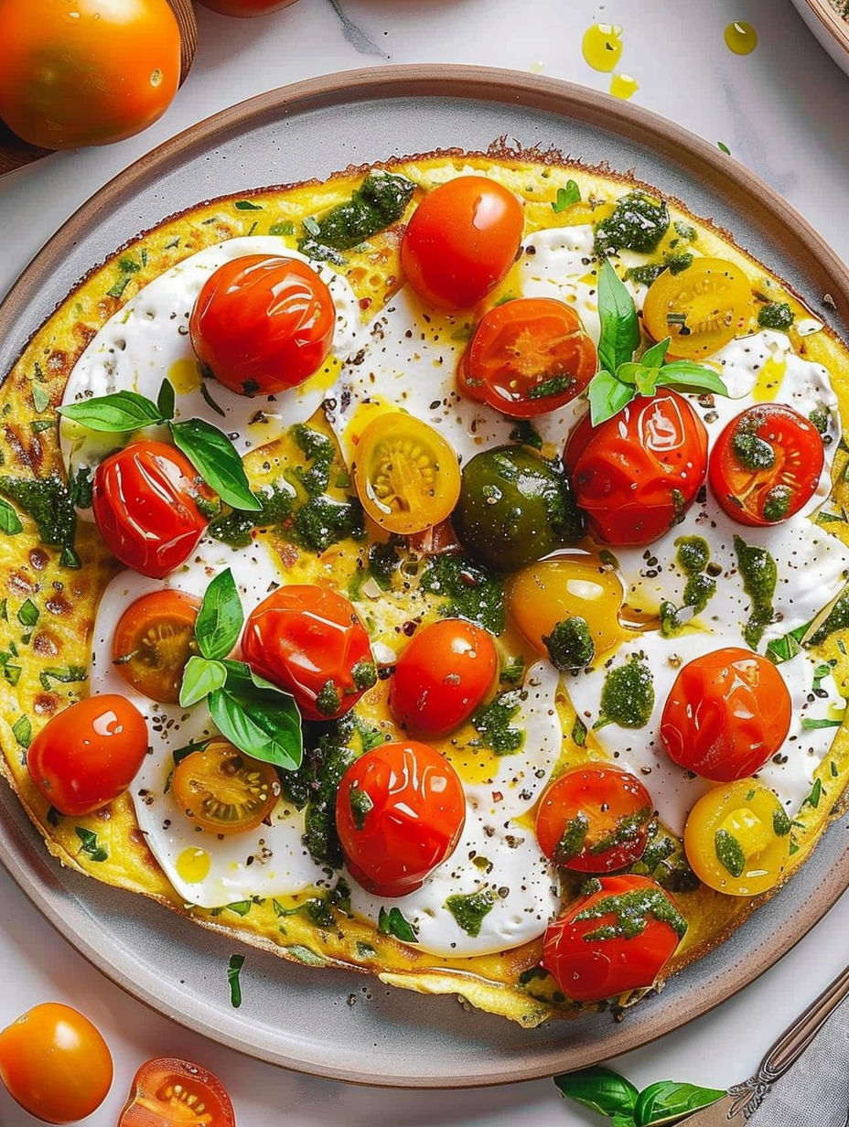 A pizza with tomatoes and basil on top.
