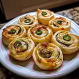 Un plateau garni de mini wraps avec oignons et piments colorés.