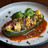 Une courgette garnie de poulet et sauce tomate.