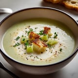 Bonne soupe crémeuse poireaux Boursin parsemmée d’herbes et de croûtons dorés.