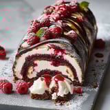 A chocolate and raspberry cake on a plate.