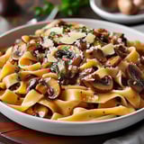 A plate of pasta with mushrooms and cheese.