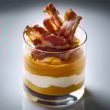 A glass of food with bacon on top.
