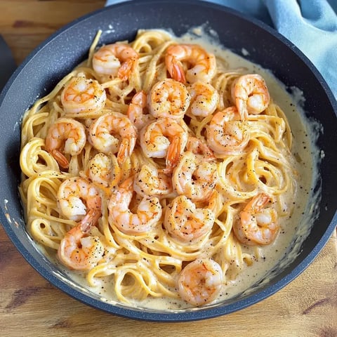 Assiette de linguines et crevettes dans une sauce crémeuse, parsemée de poivre noir.