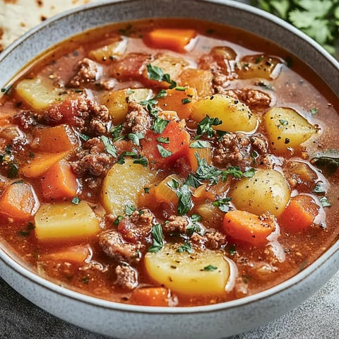 Un bol de plat mijoté, avec des légumes variés, viande hachée et herbes fraîches.