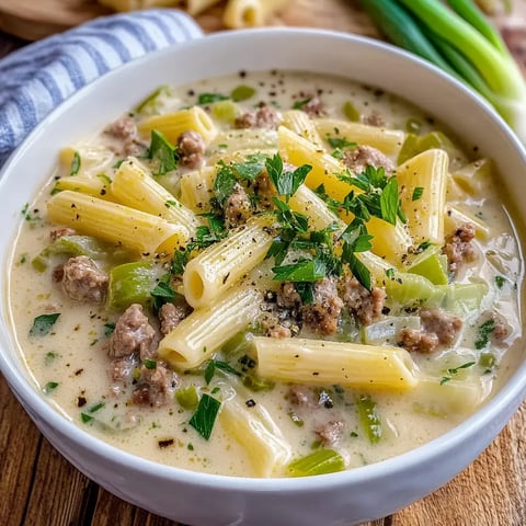 Un bol de pâtes crémeuses avec rigatoni, viande hachée et poivrons verts, saupoudré de persil frais.