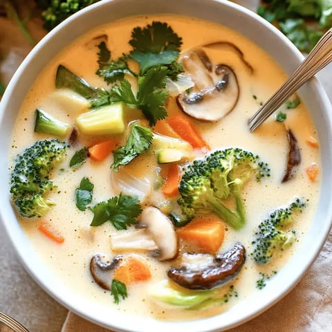 Un bol rempli de soupe onctueuse avec brocoli, carottes, champignons et coriandre frais.