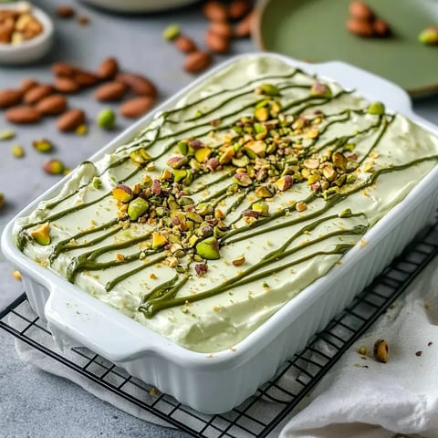 Un plateau blanc avec une couche de dessert crémeux vert, garni de pistaches hachées et d'un glaçage vert brillant.